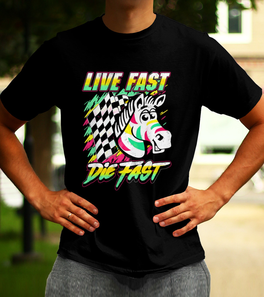 Zebra Checkered Flag Live Fast Die Fast Retro Neon T-Shirt