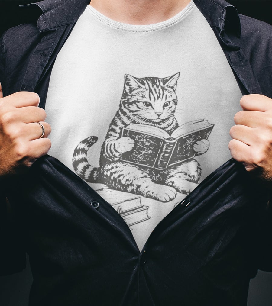 Tabby Cat Sitting And Reading Book With Stacked Books Beneath T-Shirt