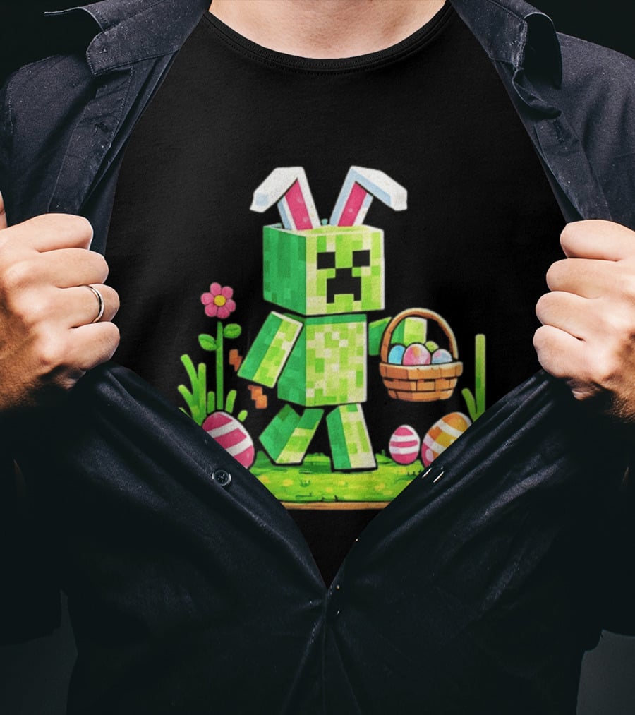 Creeper Rabbit Ears Easter Egg Hunt Gamer Pixel T-Shirt