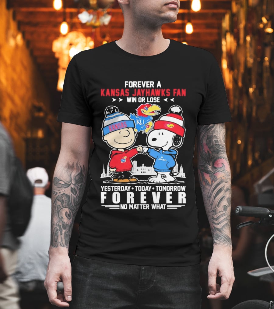 Kansas Jayhawks Fan Snoopy And Charlie Brown Win Or Lose Forever No Matter What T-Shirt