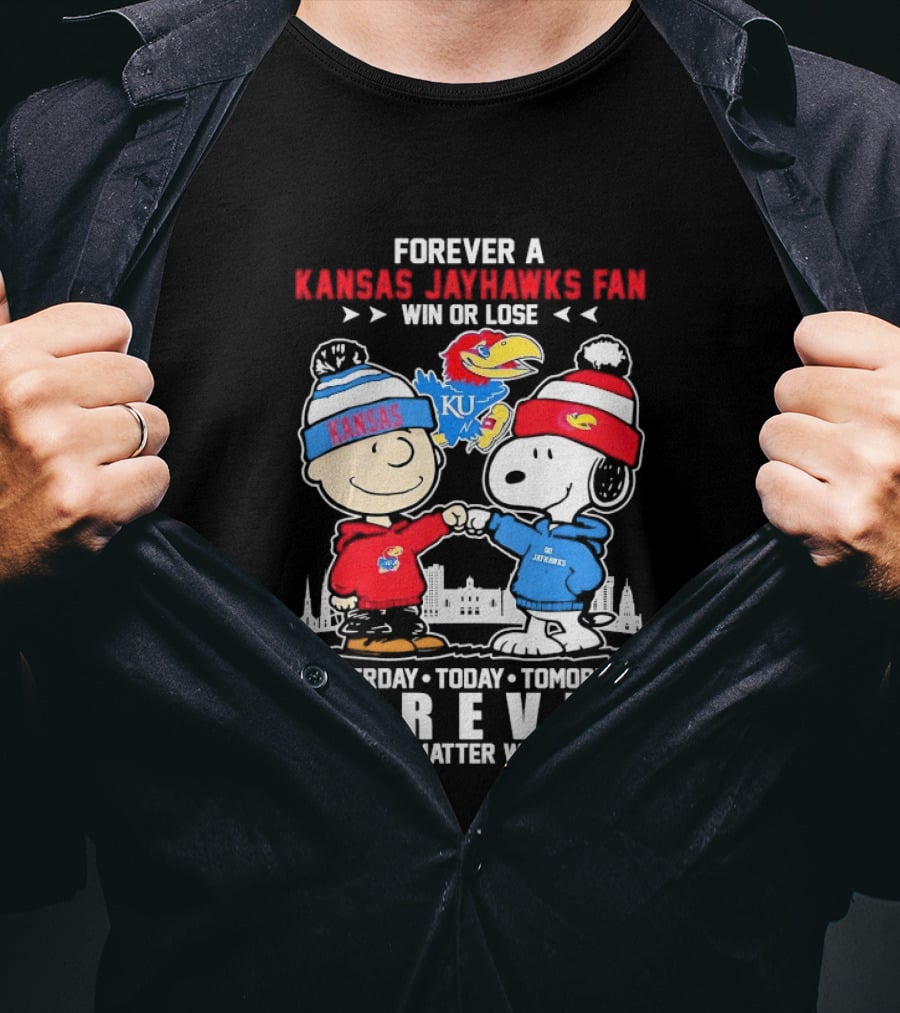Kansas Jayhawks Fan Snoopy And Charlie Brown Win Or Lose Forever No Matter What T-Shirt