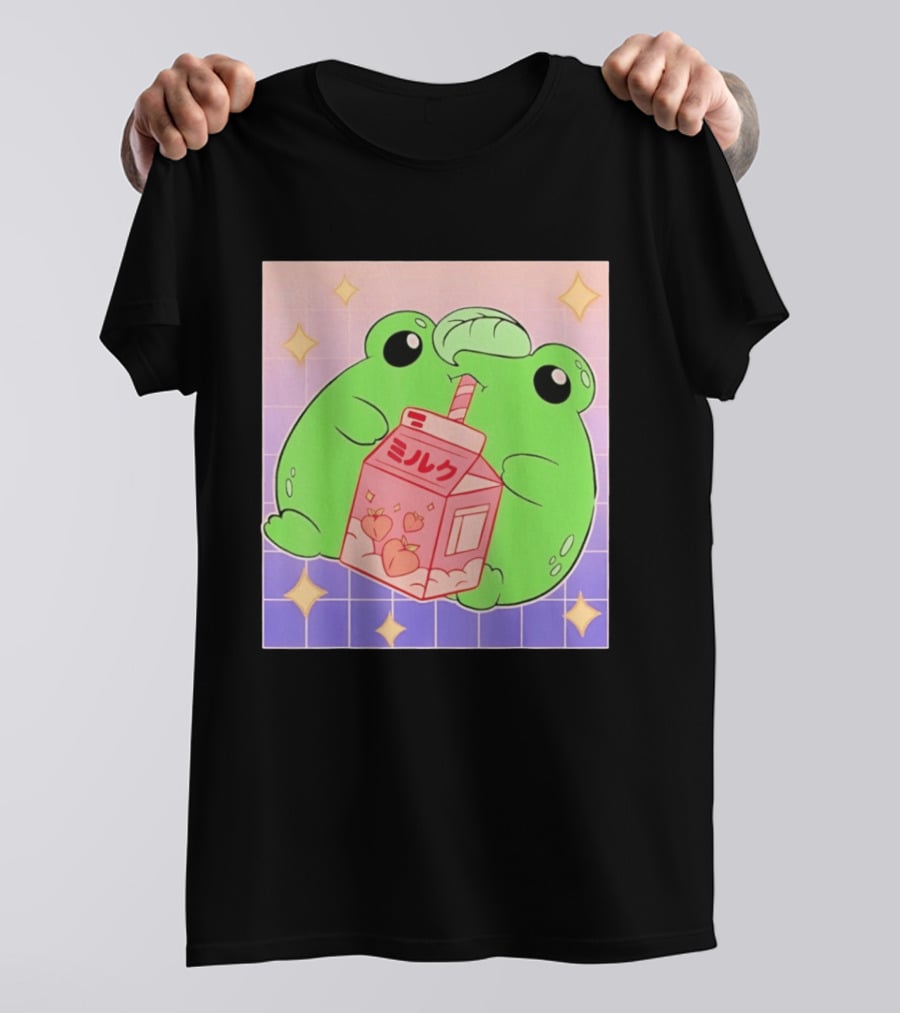 Frog With Peach Milk Box Kawaii Cartoon T-Shirt