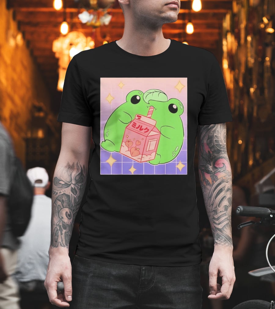 Frog With Peach Milk Box Kawaii Cartoon T-Shirt