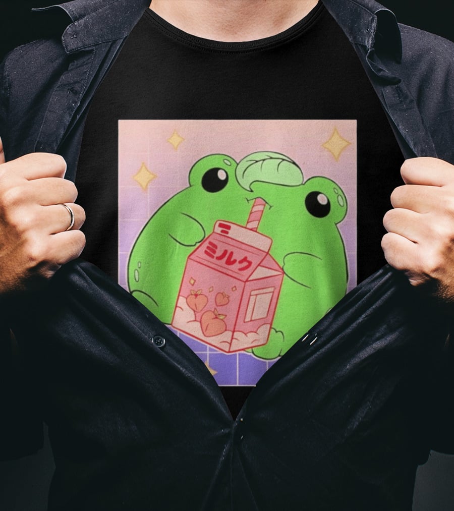 Frog With Peach Milk Box Kawaii Cartoon T-Shirt