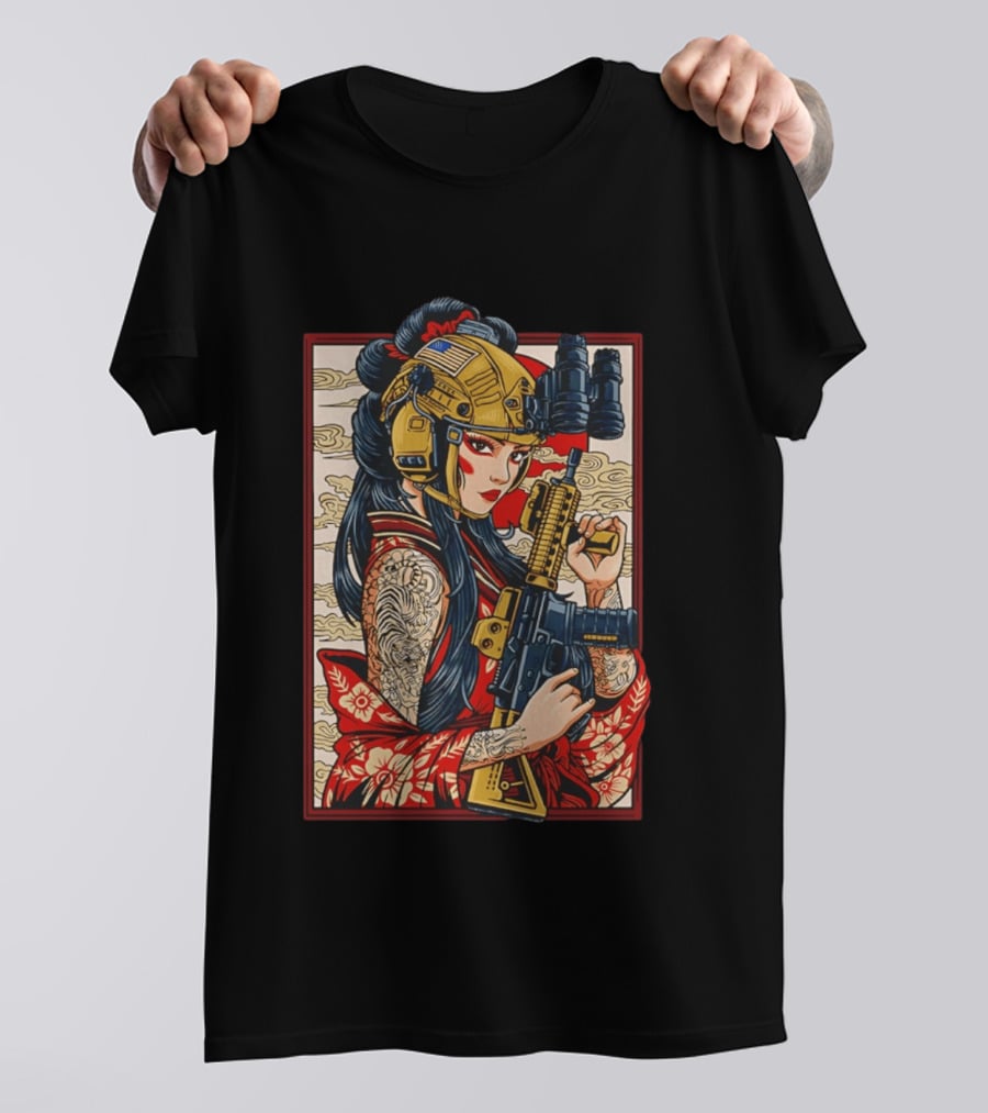 Geisha Anime Tactical Card Warrior With Helmet And Rifle T-Shirt