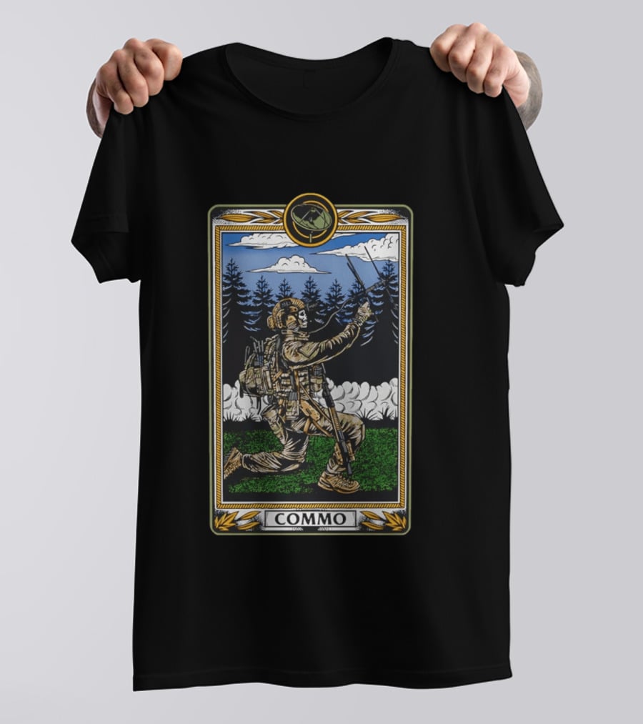 Commo Skeleton Soldiers Tactical Card Kneeling Soldier Forest Radio Communication T-Shirt