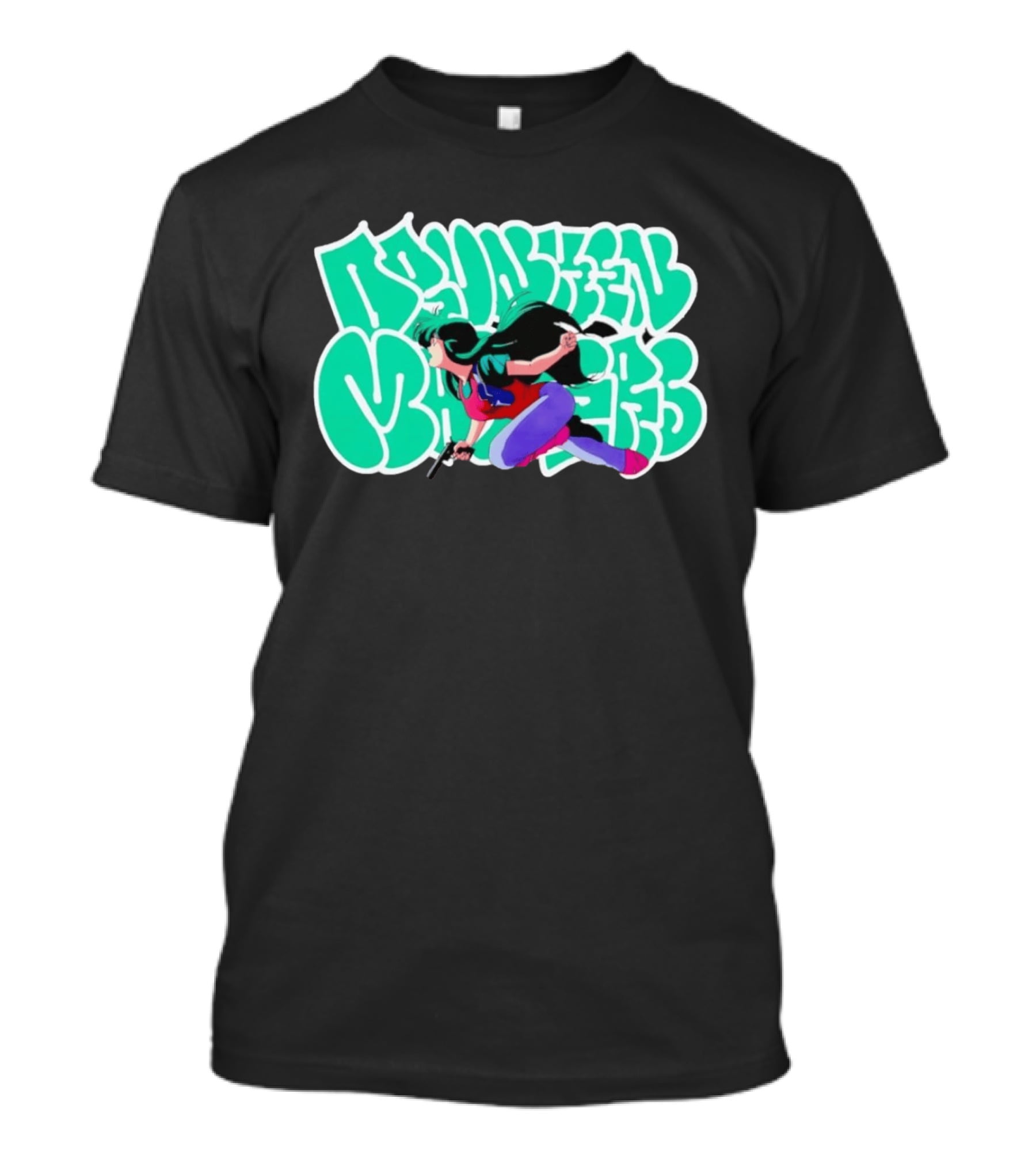 Drunken Masters Anime Girl Green Graffiti Gun Action T-Shirt