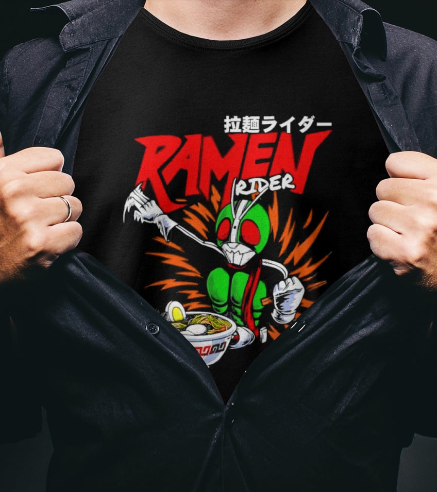 Ramen Rider Japanese Text Meme Funny Bowl Explosion T-Shirt