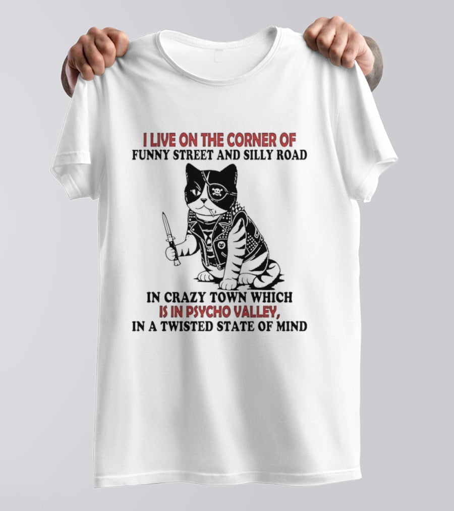 I Live On The Corner Of Funky Street And Silly Road In Crazy Town Psycho Valley Twisted State Of Mind T-Shirt