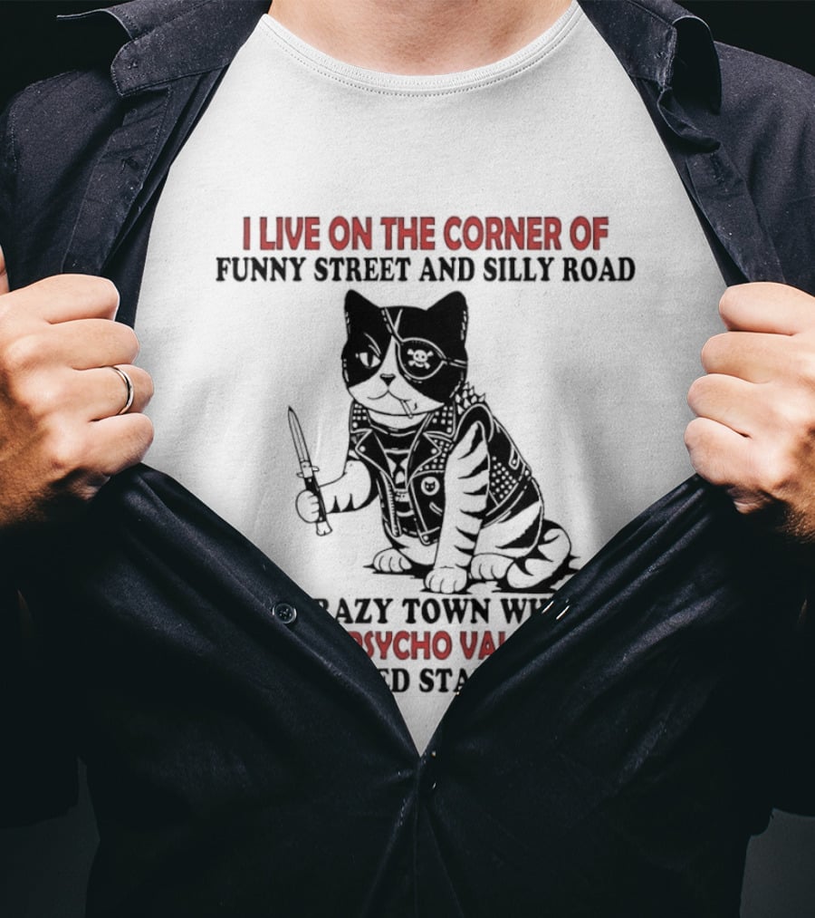 I Live On The Corner Of Funky Street And Silly Road In Crazy Town Psycho Valley Twisted State Of Mind T-Shirt
