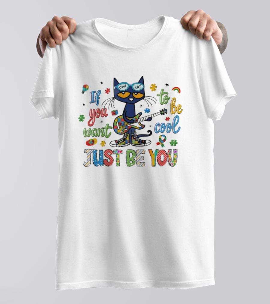 Cool Cat Just Be You Autism Puzzle Guitar T-Shirt