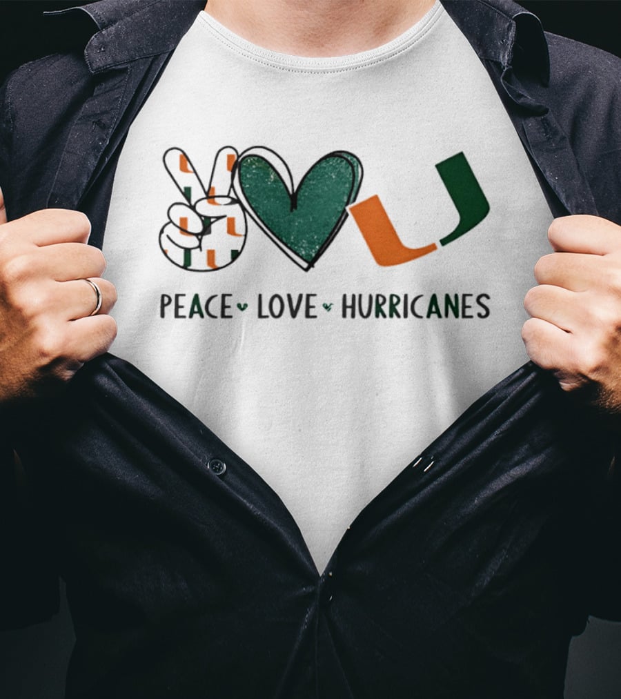 Peace Love Hurricanes Miami Hurricanes Football Hand Sign Heart Shape T-Shirt
