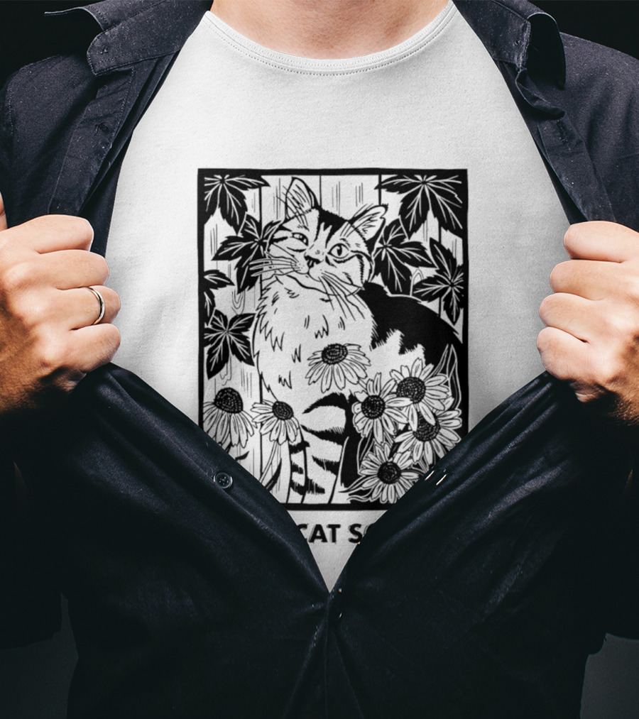 Stray Cat Society Floral And Feline Illustration With Botanical T-Shirt