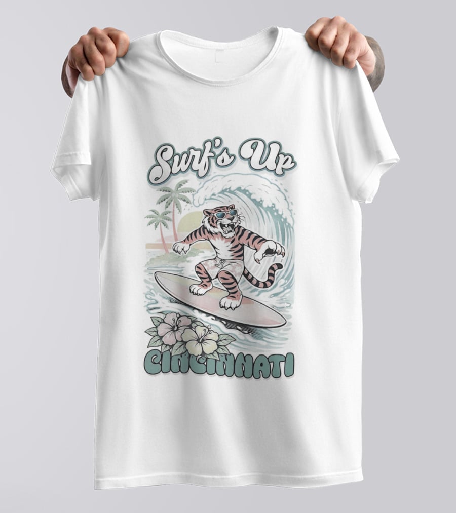 Surf's Up Cincinnati Tiger Riding Wave With Palm Trees And Sunset T-Shirt