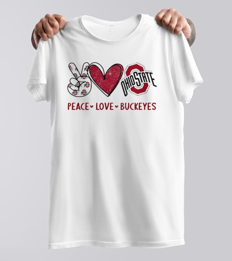 Ohio State Buckeyes Peace Love Buckeyes Hand Sign Heart Shape T-Shirt