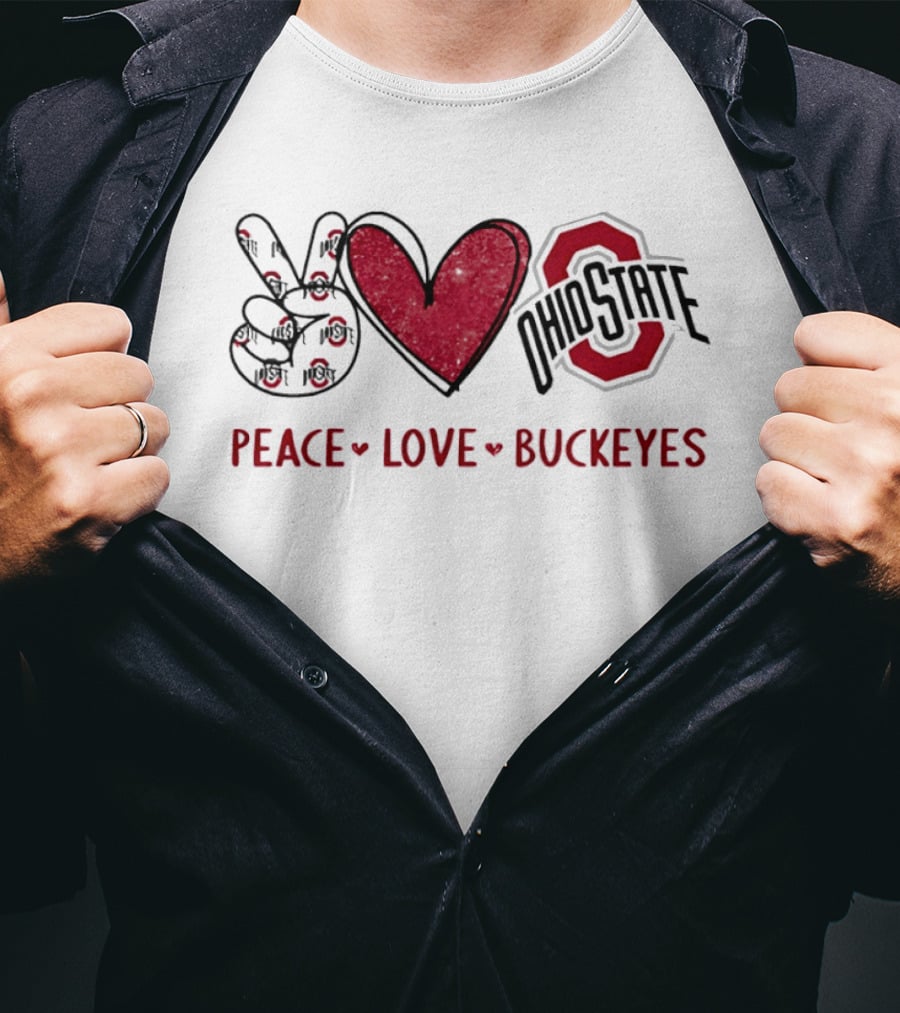 Ohio State Buckeyes Peace Love Buckeyes Hand Sign Heart Shape T-Shirt