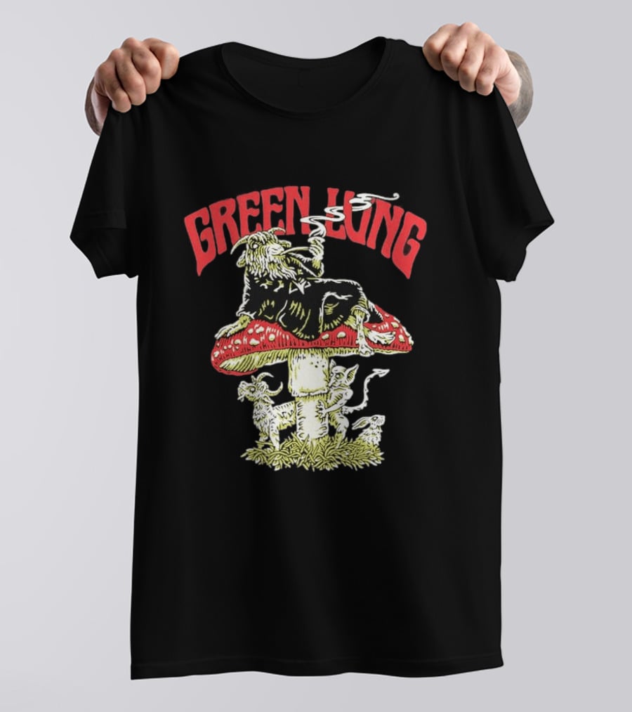 Green Lung Band Goat Smoking On Mushroom Old English Black Magic T-Shirt