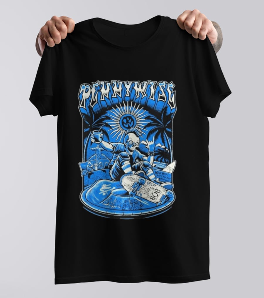 Pennywise South America Tour 2026 Skater Beach Scene With Skeleton And Skateboard Palms Waves Cup Blue Sunburst T-Shirt