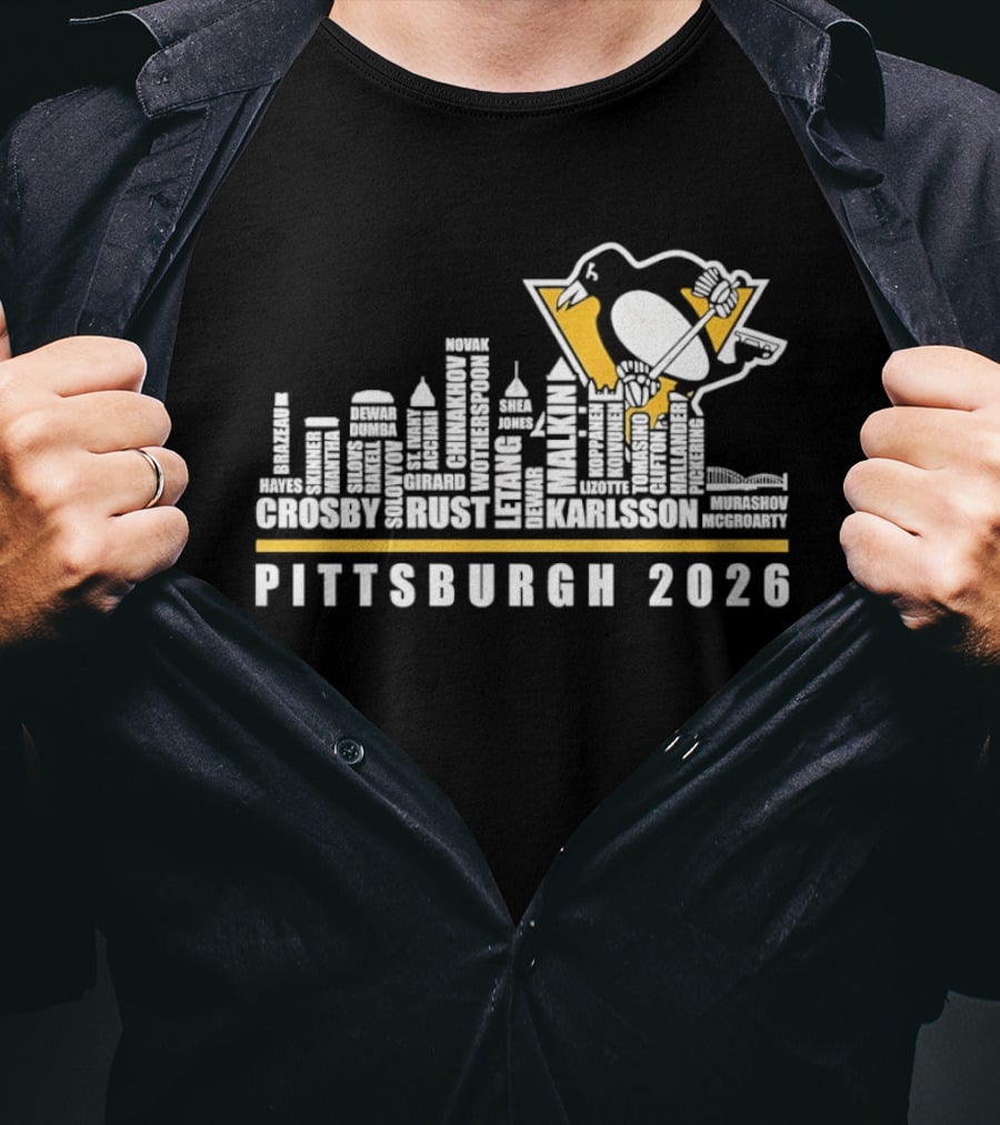 Pittsburgh 2026 Crosby Malkin Letang Guentzel Karlsson Hockey Team Skyline T-Shirt