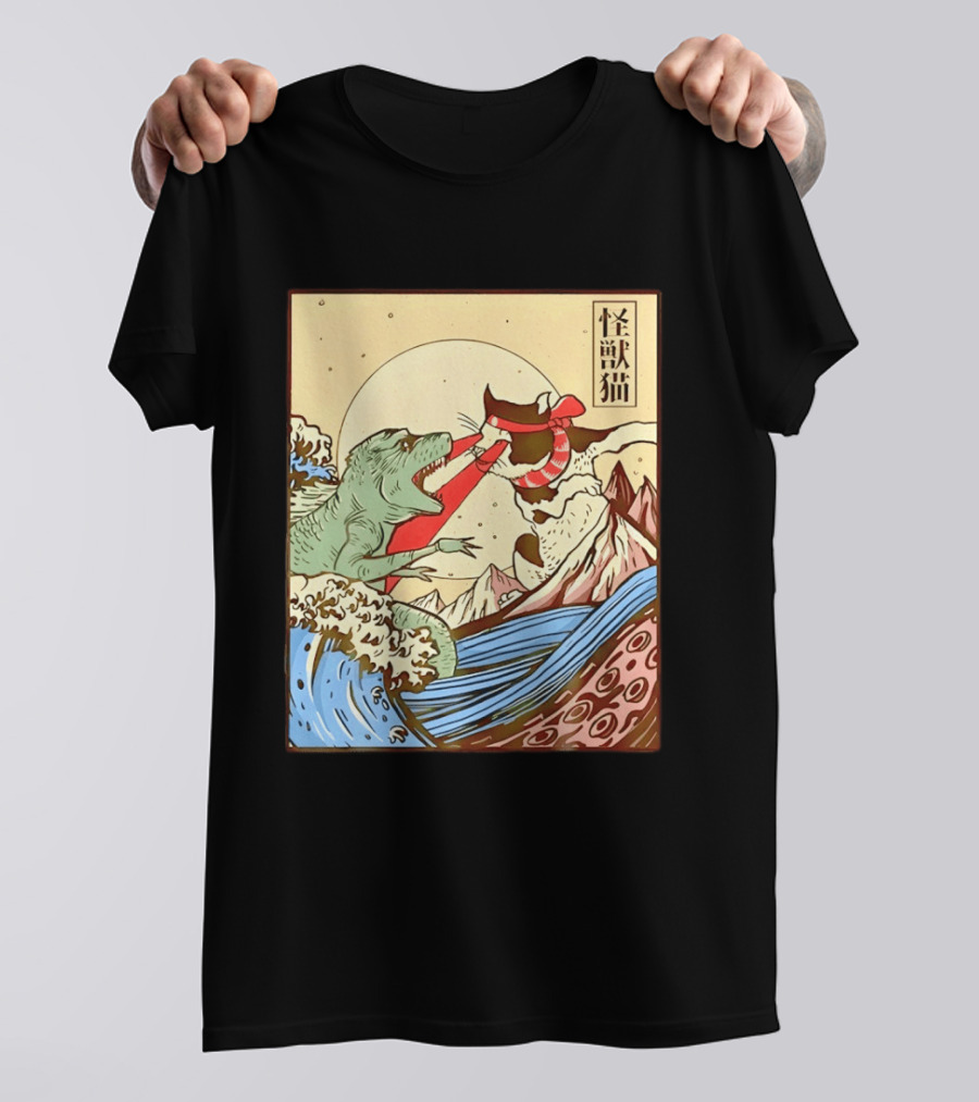 Japanese Great Wave Cat Vs Monster Classic Kaiju T-Shirt