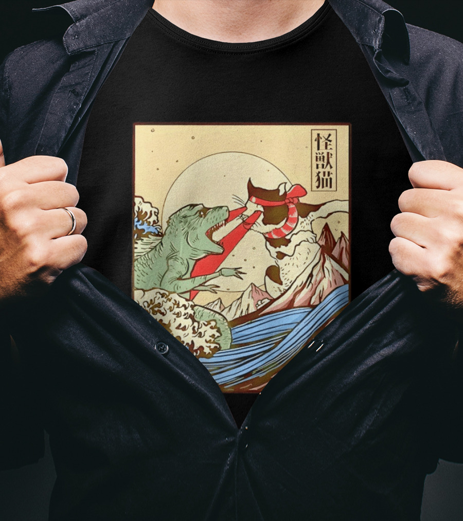 Japanese Great Wave Cat Vs Monster Classic Kaiju T-Shirt