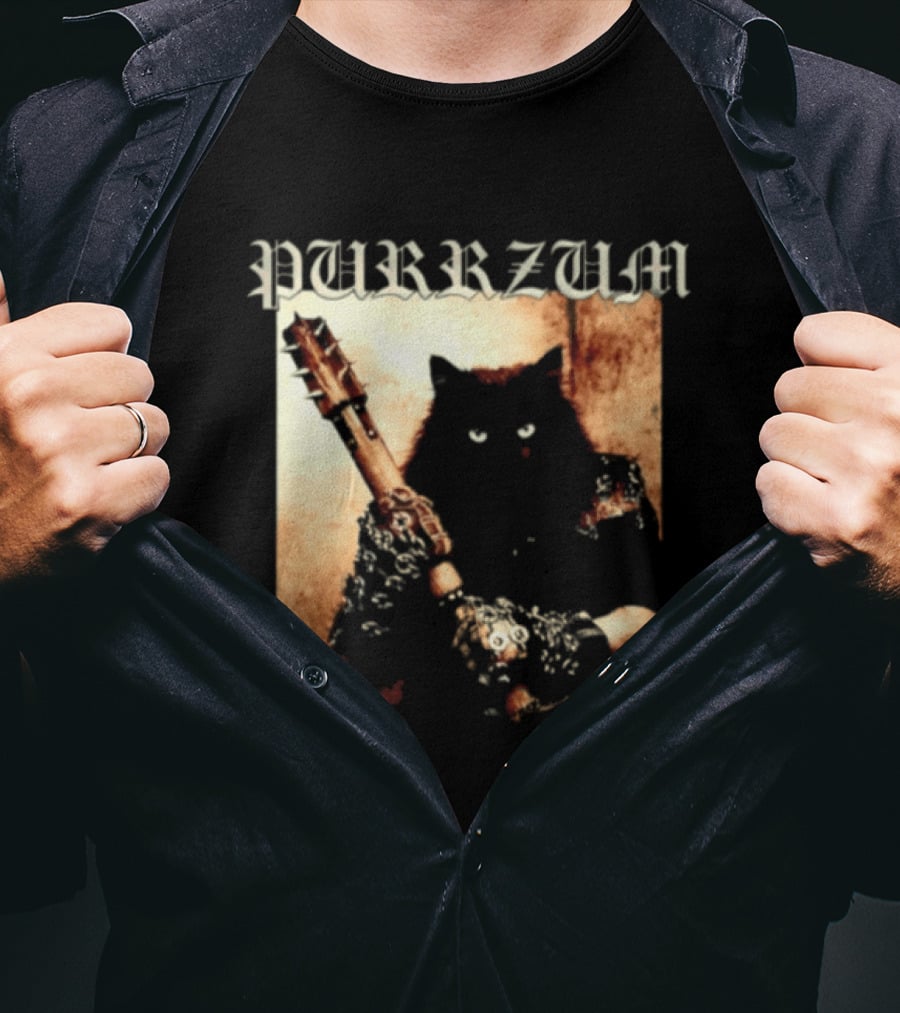 Purrzum Cat Black Metal Aesthetic Feline Holding Guitar T-Shirt