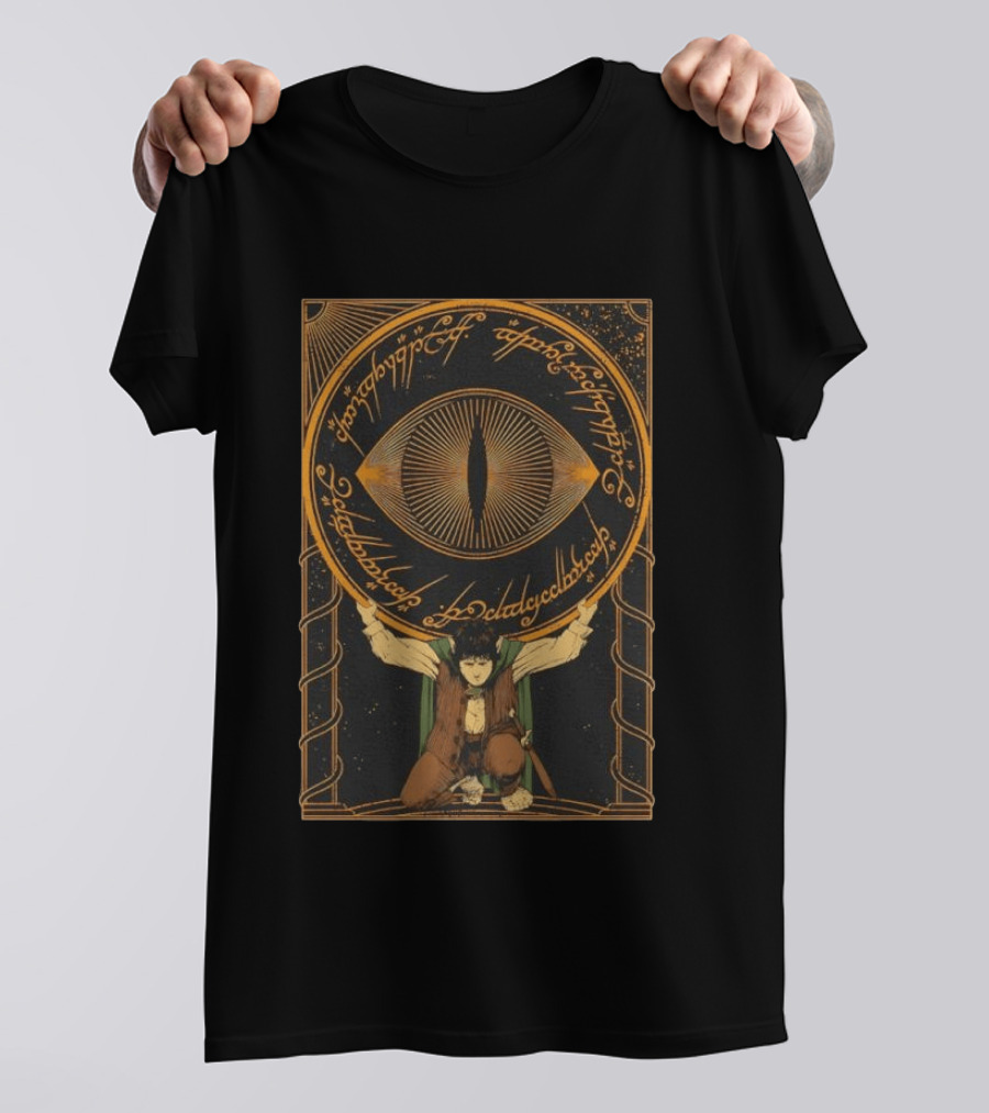 Frodo Baggins Carrying The Eye Of Sauron With Elvish Script Lord Of The Rings T-Shirt