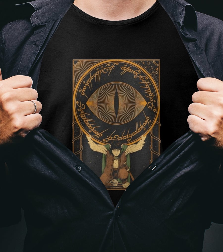 Frodo Baggins Carrying The Eye Of Sauron With Elvish Script Lord Of The Rings T-Shirt