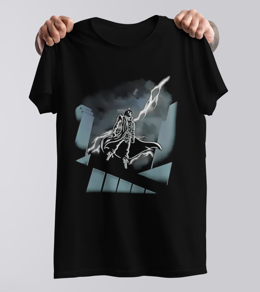 Spider Man Noir X Batman The Animated Series Noir Crossover With Light Burst And Gotham City Skyline T-Shirt