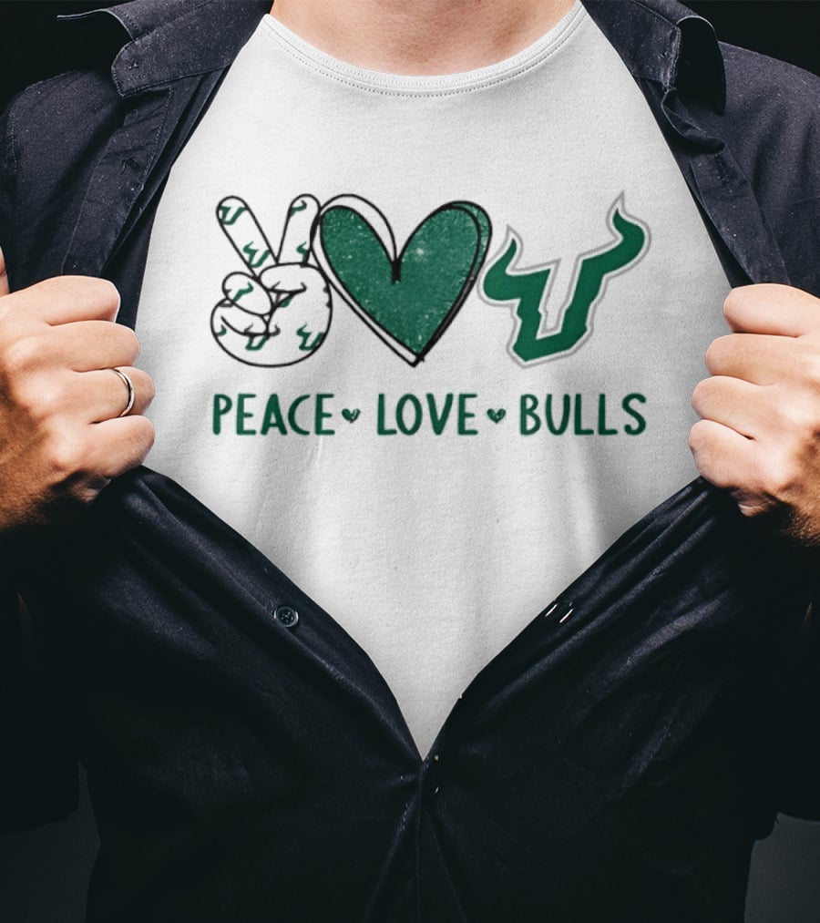 South Florida Bulls Football Peace Love Bulls Heart Sign T-Shirt