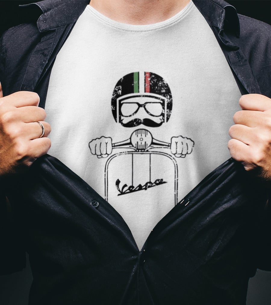 Vespa Piaggio Hipster Distressed Helmet With Italian Flag And Mustache T-Shirt