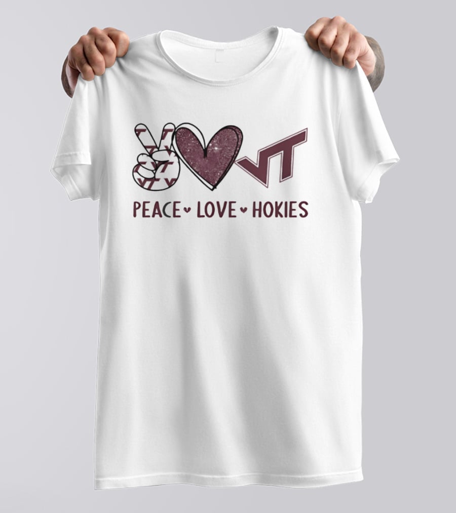 Peace Love Hokies VT Hand Sign Heart Shape Virginia Tech Football T-Shirt