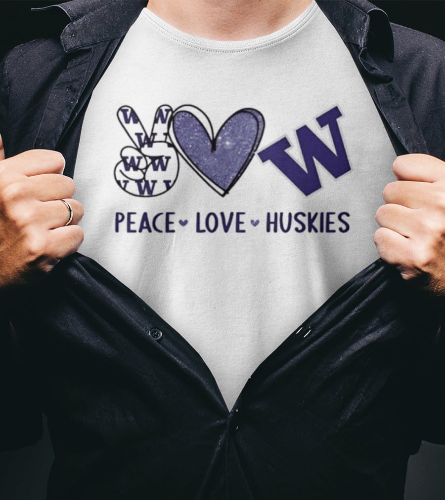 Peace Love Huskies Washington Huskies Football Hand Sign Heart Shape W T-Shirt