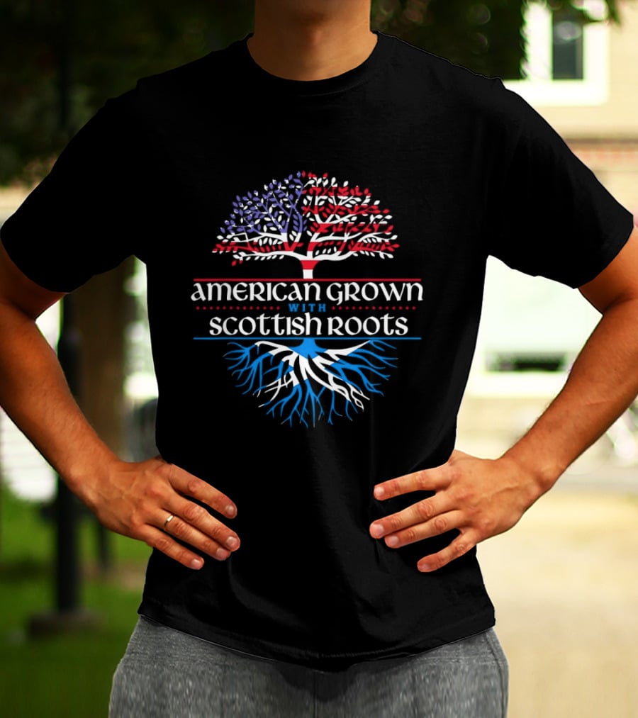 American Grown With Scottish Roots Tree American Flag Scotland Flag T-Shirt