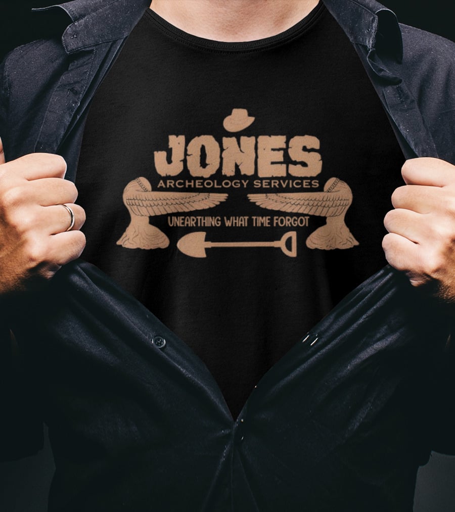 Jones Archaeology Services Unearthing What Time Forgot Adventure Shovel Winged Hat T-Shirt