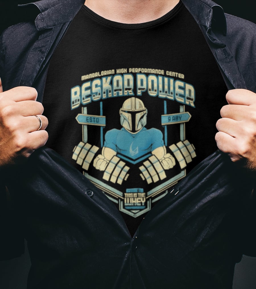 Mandalorian Beskar Power Dumbbell Curls Esto 9 ABY Fitness Motivation T-Shirt