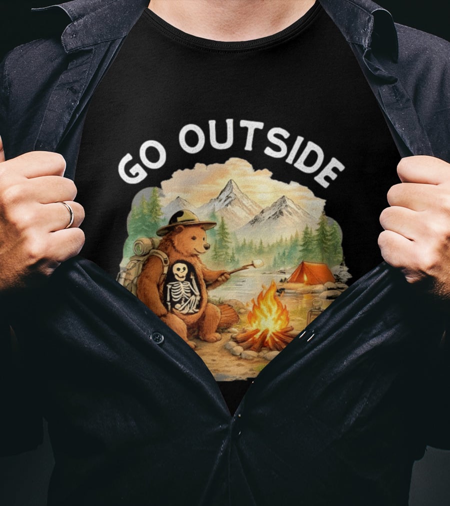 Hiking Bear Campfire Skeleton Inside Bear's Stomach Go Outside T-Shirt