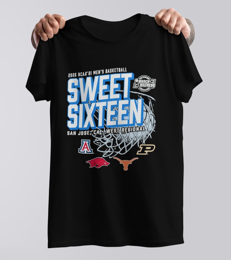 2026 NCAA DI Men's Basketball Sweet Sixteen San Jose West Regional Arizona Arkansas Texas Purdue Logos T-Shirt