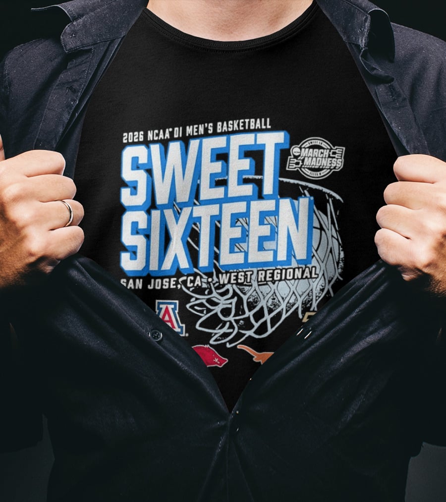 2026 NCAA DI Men's Basketball Sweet Sixteen San Jose West Regional Arizona Arkansas Texas Purdue Logos T-Shirt