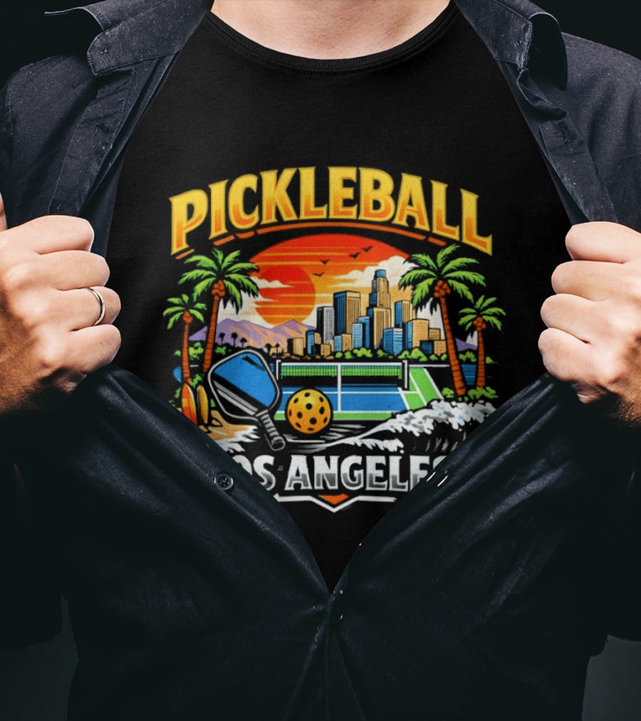 Los Angeles Pickleball City Skyline Sunset Palm Trees T-Shirt