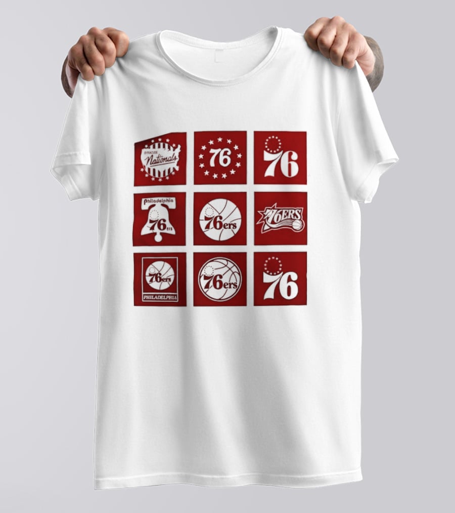 Philadelphia 76ers NBA Team Retro Icons And Number 76 Basketball Squares T-Shirt