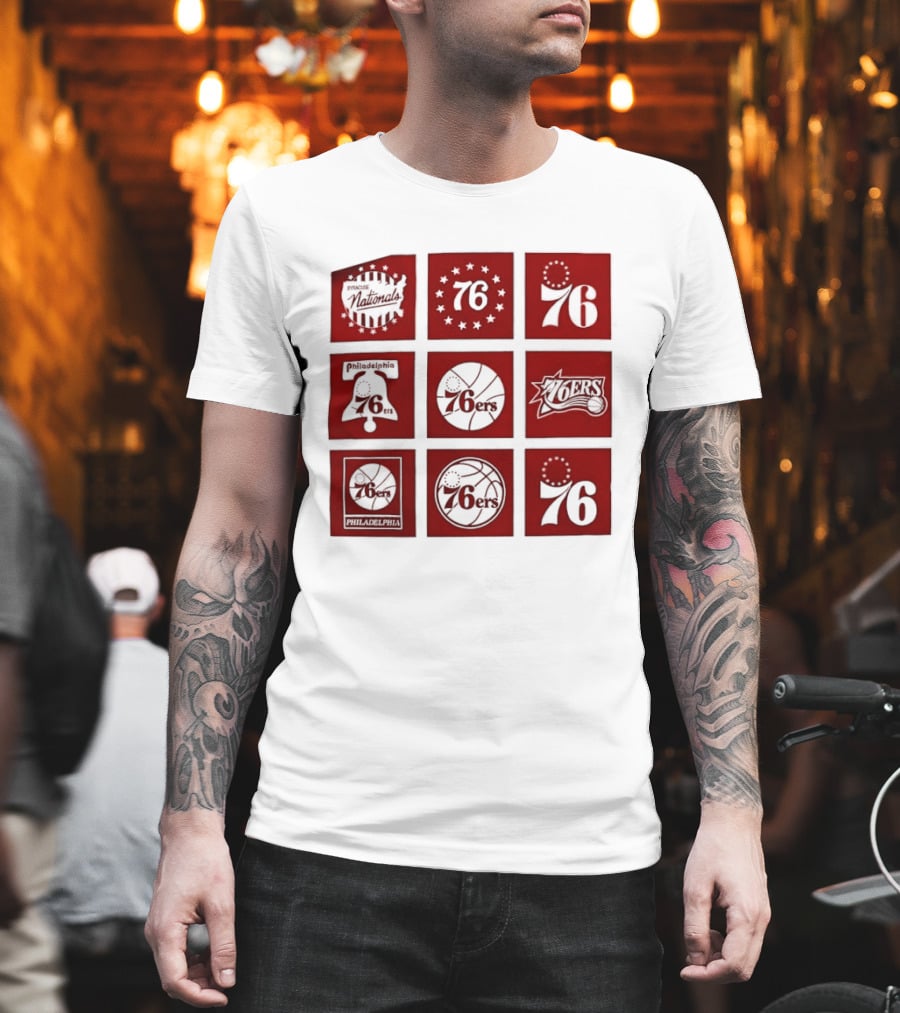 Philadelphia 76ers NBA Team Retro Icons And Number 76 Basketball Squares T-Shirt