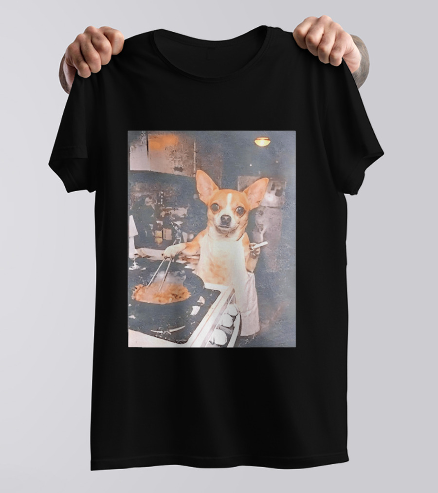 Chihuahua In Apron Cooking While Smoking In Vintage Kitchen Scene T-Shirt