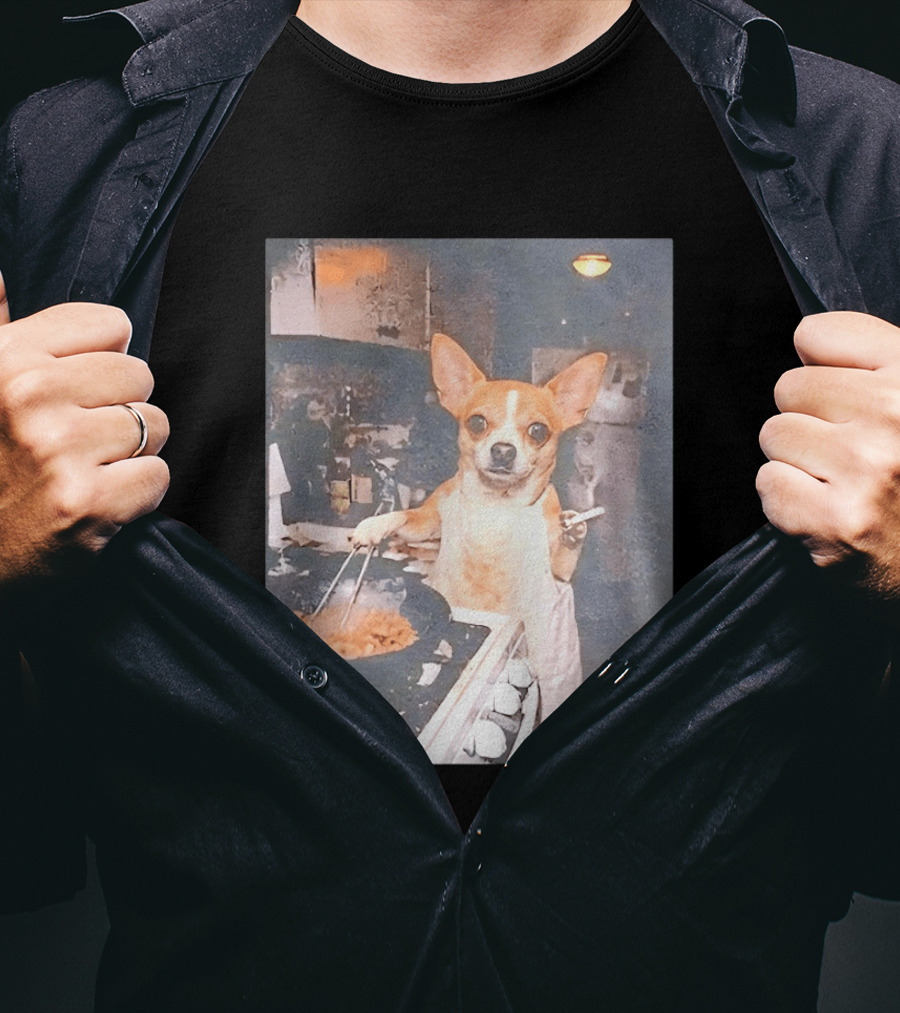 Chihuahua In Apron Cooking While Smoking In Vintage Kitchen Scene T-Shirt