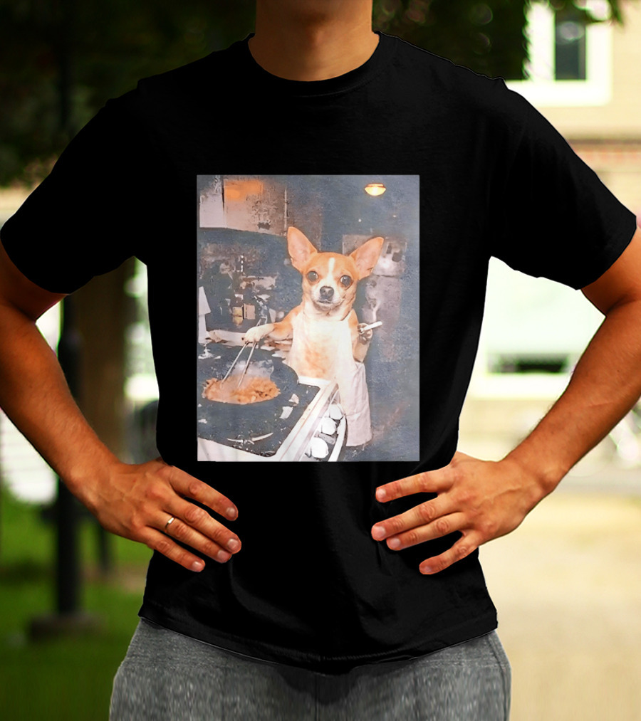 Chihuahua In Apron Cooking While Smoking In Vintage Kitchen Scene T-Shirt
