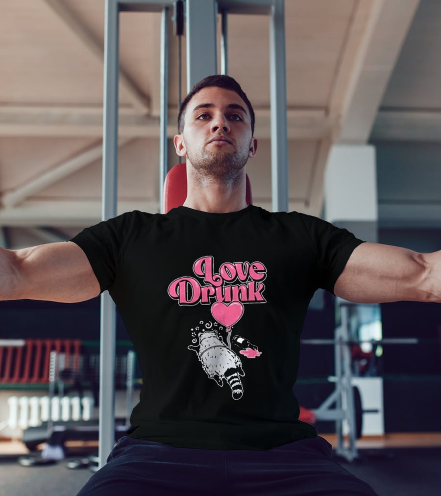 Love Drunk Raccoon Pink Heart Balloon And Bottle T-Shirt