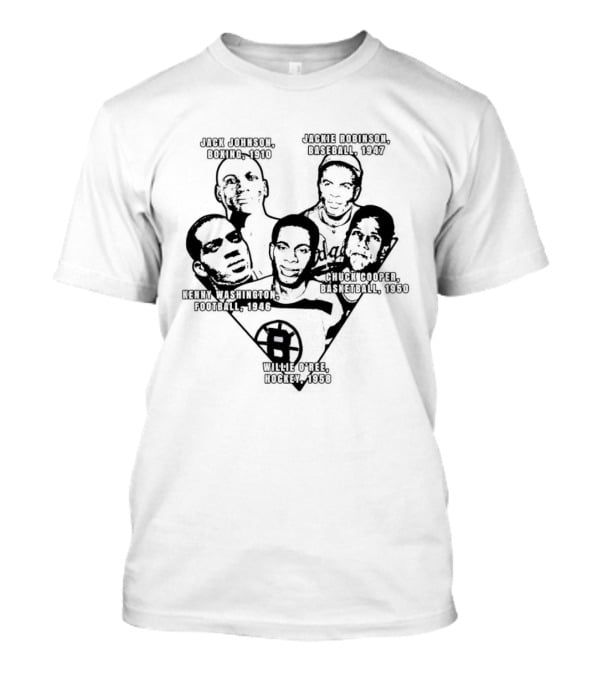 Jack Johnson Boxing 1910 Jackie Robinson Baseball 1947 Kenny Washington Football 1946 Chuck Cooper Basketball 1950 Willie O'ree Hockey 1958 T-Shirt