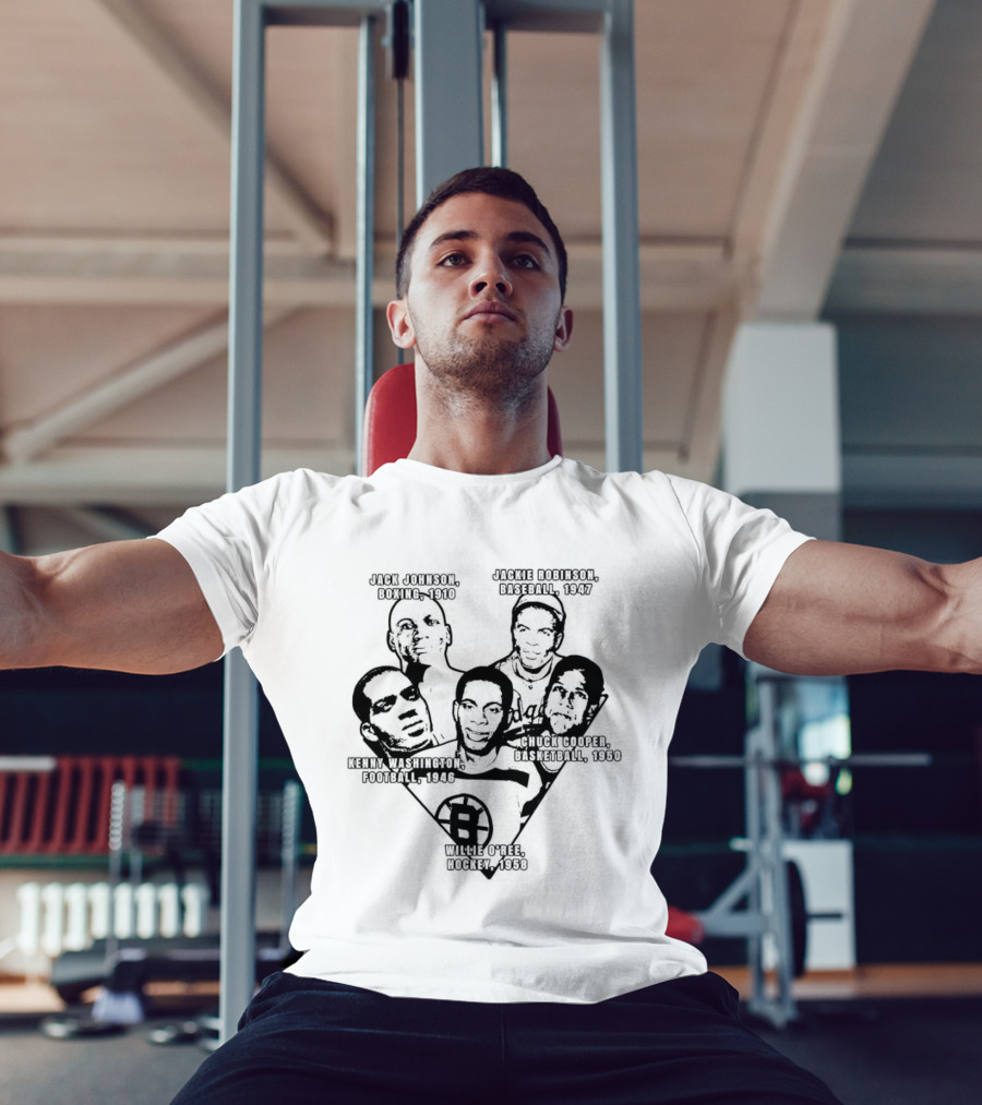 Jack Johnson Boxing 1910 Jackie Robinson Baseball 1947 Kenny Washington Football 1946 Chuck Cooper Basketball 1950 Willie O'ree Hockey 1958 T-Shirt