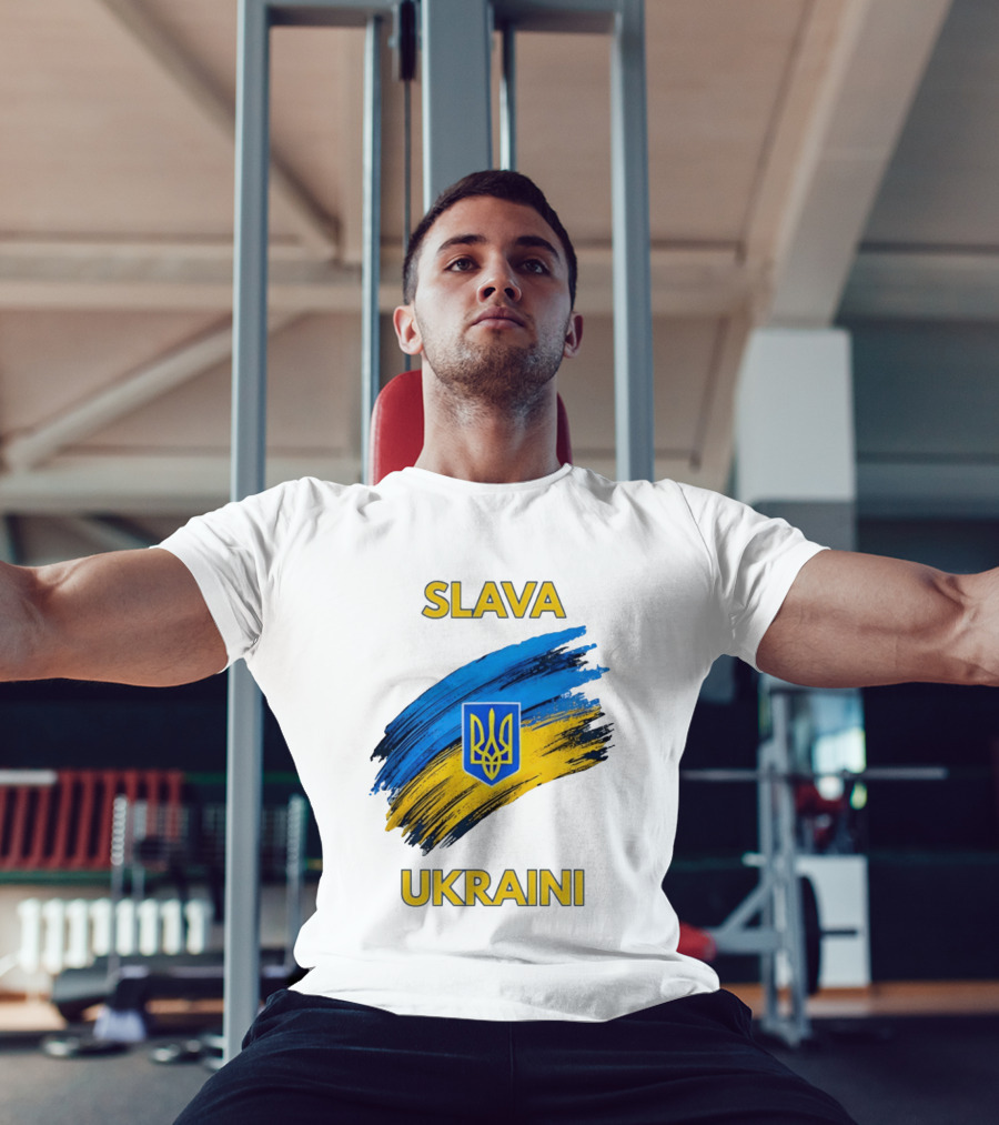 Slava Ukraini Emblem With Blue And Yellow Brush Strokes T-Shirt