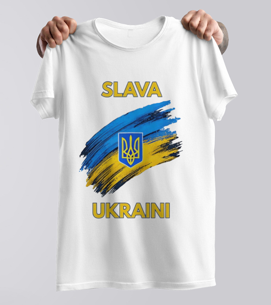 Slava Ukraini Emblem With Blue And Yellow Brush Strokes T-Shirt